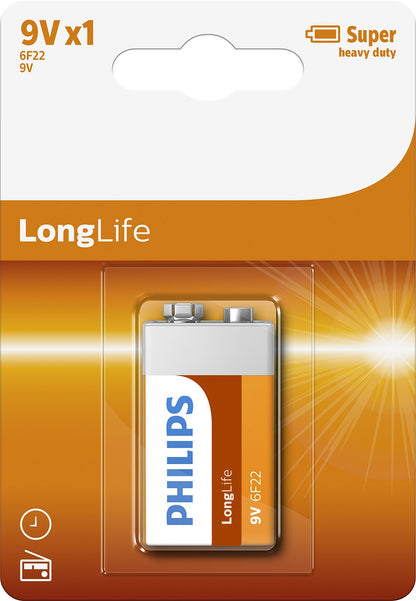 PHILIPS 9V Zinc Battery - 6F22 - Shelf Life up to 5 Years