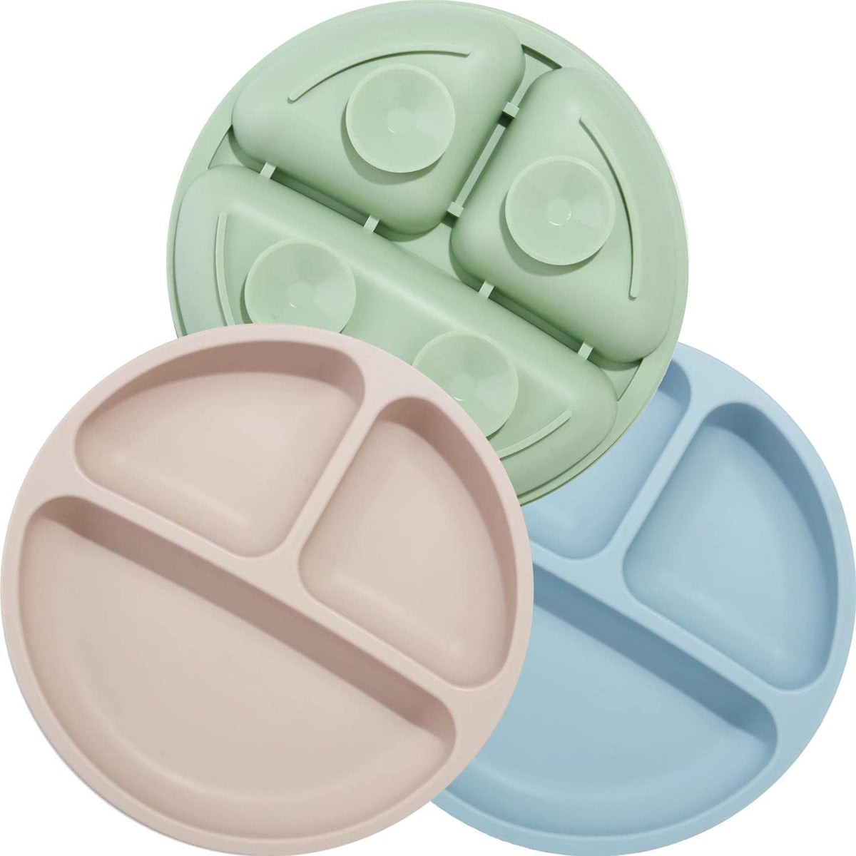 PandaEar 3 Pack Toddler Plates, Silicone Divided Suction Plate for Babies, BPA-Free 100% Food-Grade Silicone Unbreakable Baby Plate (Pink/Purple/Blue, Without Lids)
