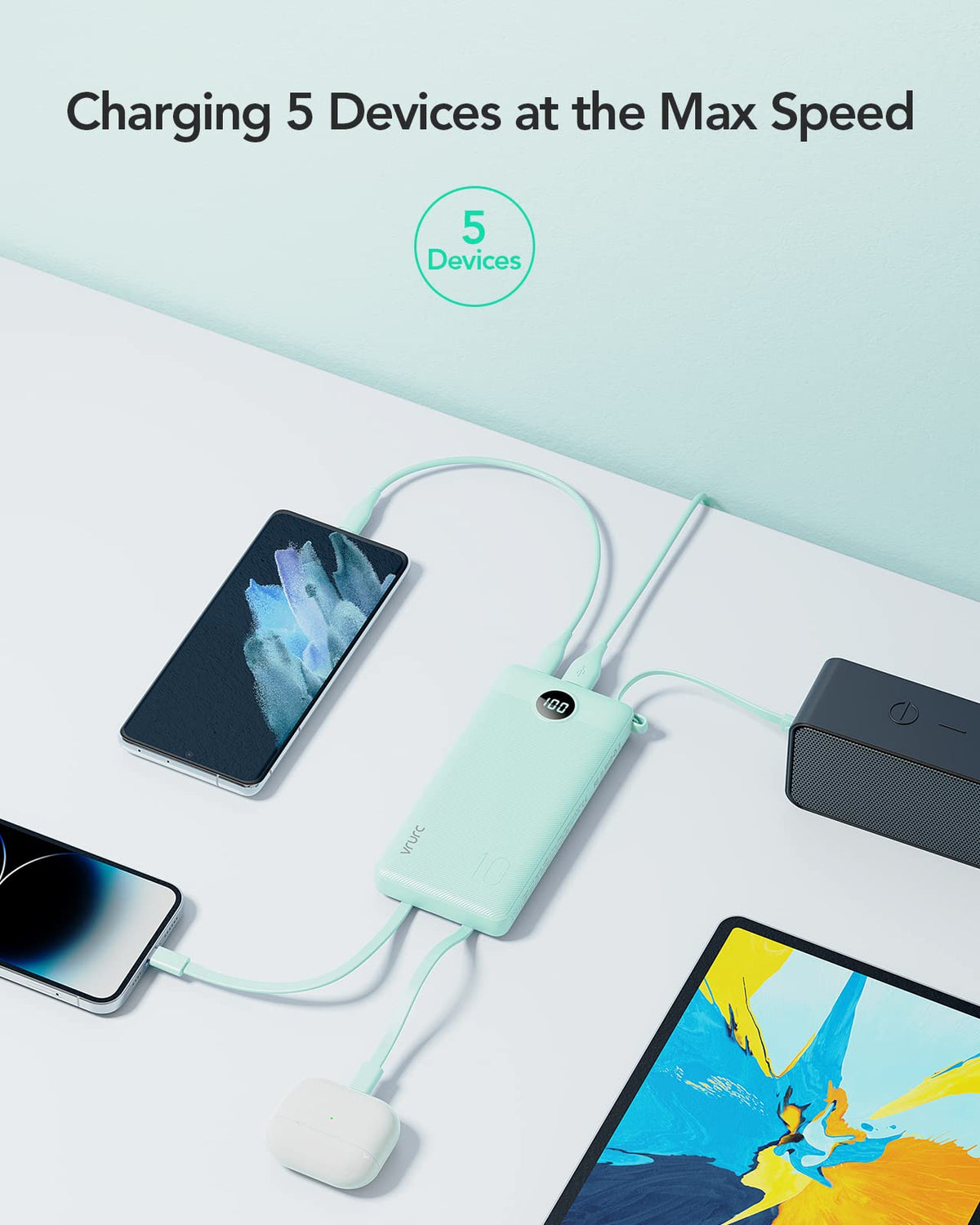 VRURC Portable Charger, Built in 4 Cables & Lanyard Power Bank 10000mAh