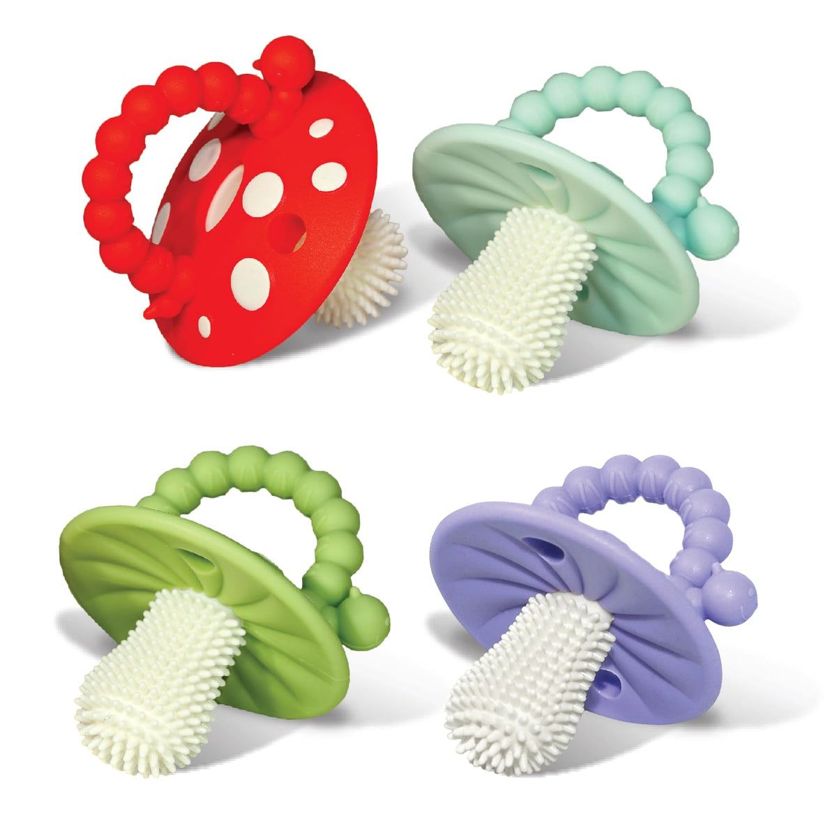 RaZbaby Soft Silicone Infant & Baby 3M+ Teether Toy Massaging Bristles Teething Relief Pacifier - Soothes Sore Gums - Hands-Free & Easy-to-Hold Chompy Teether, BPA Free (RED/Blue)