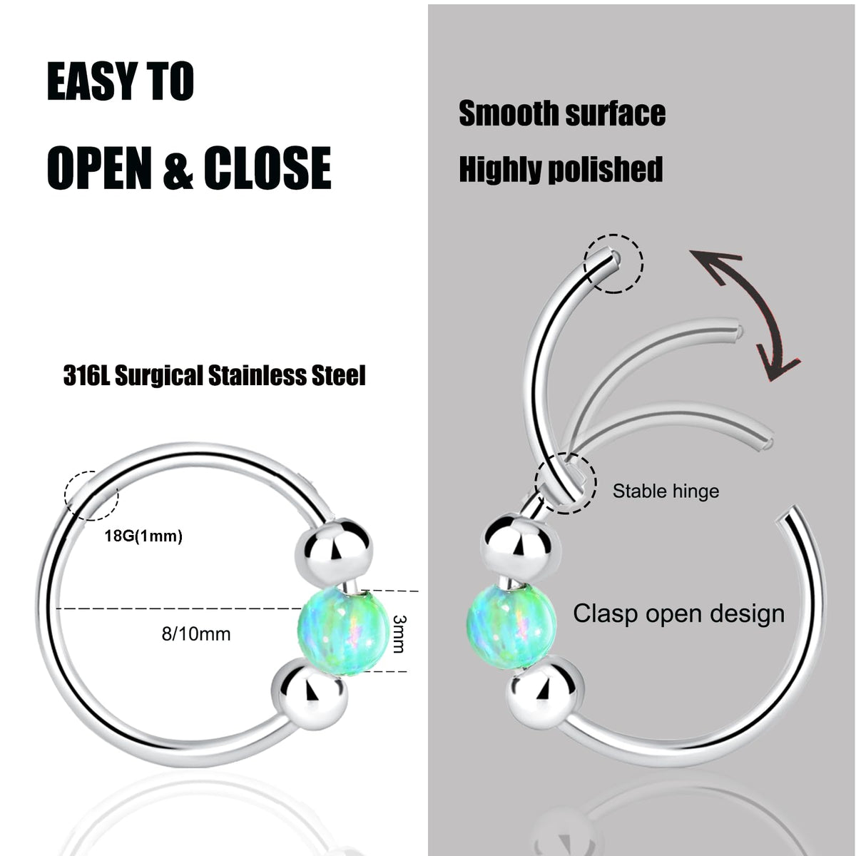 2PCS 18G Opal Cartilage Hoop Earrings, Hypoallergenic Silver Huggie Hoops