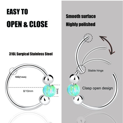 2PCS 18G Opal Cartilage Hoop Earrings, Hypoallergenic Silver Huggie Hoops
