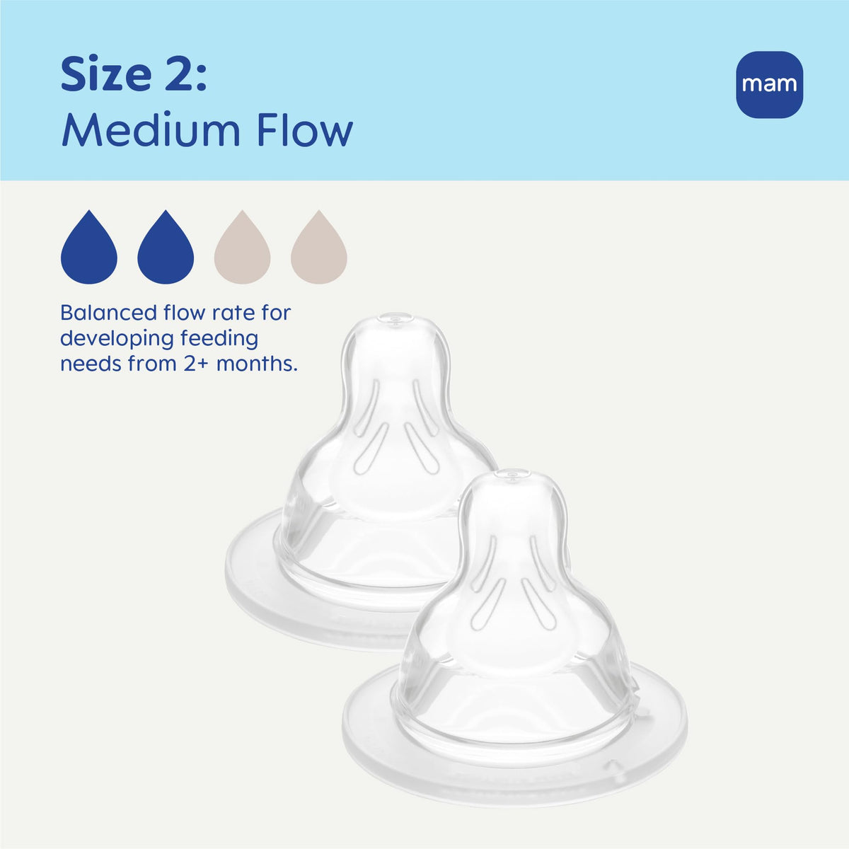 MAM Baby Bottle Anti-Colic Medium Flow Nipples, Fits All MAM Bottles, 2 Pk