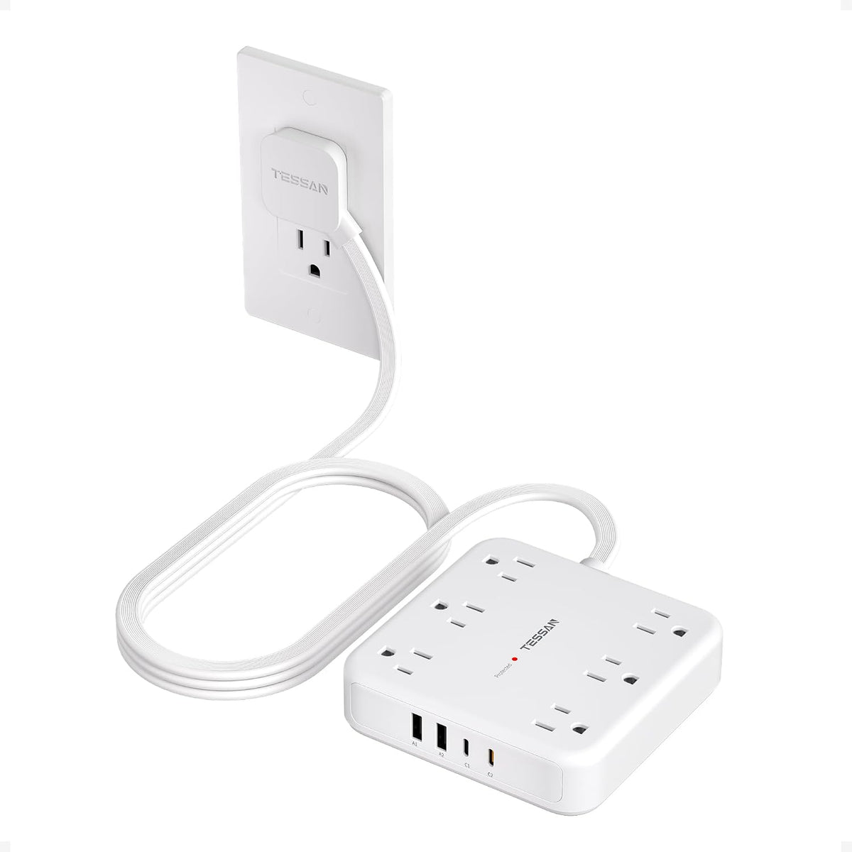 TESSAN Surge Protector Power Strip, 5Ft Flat Plug Extension Cord, White