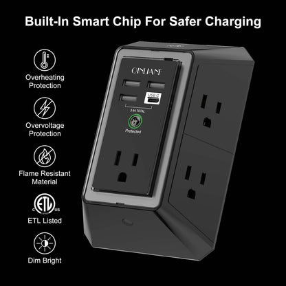 Surge Protector, QINLIANF 5 Outlet Extender with 4 USB Ports(2USB-C)