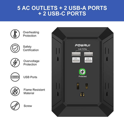 Multi Plug Wall Outlet Night Light, POWRUI 6 Outlet Extender & 3 USB Ports
