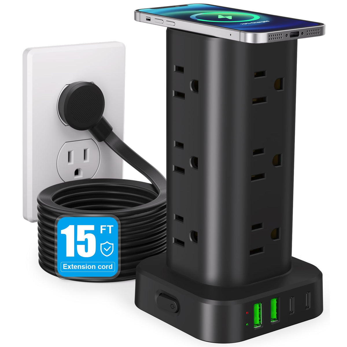 6FT Power Strip Tower Surge Protector, 12 Wide Spaced Outlets, 4 USB