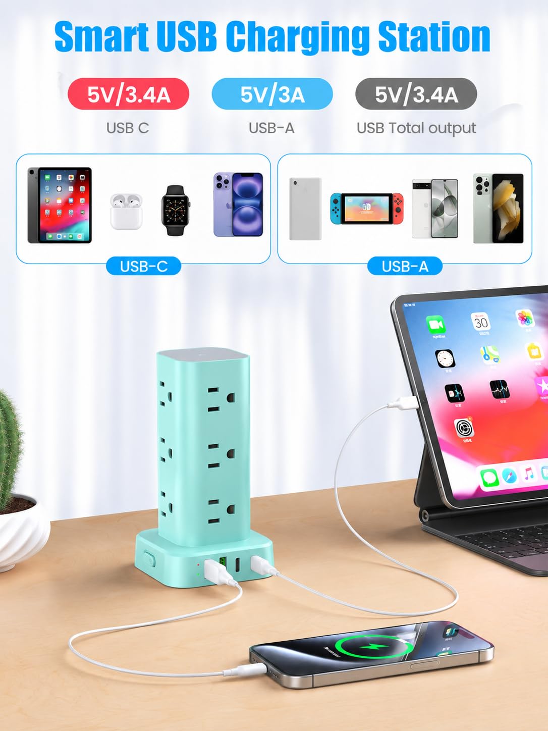 6FT Power Strip Tower Surge Protector, 12 Wide Spaced Outlets, 4 USB