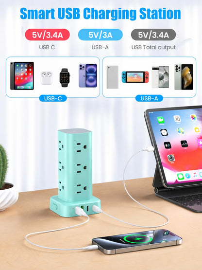 6FT Power Strip Tower Surge Protector, 12 Wide Spaced Outlets, 4 USB