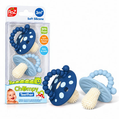 RaZbaby Soft Silicone Infant & Baby 3M+ Teether Toy Massaging Bristles Teething Relief Pacifier - Soothes Sore Gums - Hands-Free & Easy-to-Hold Chompy Teether, BPA Free (RED/Blue)