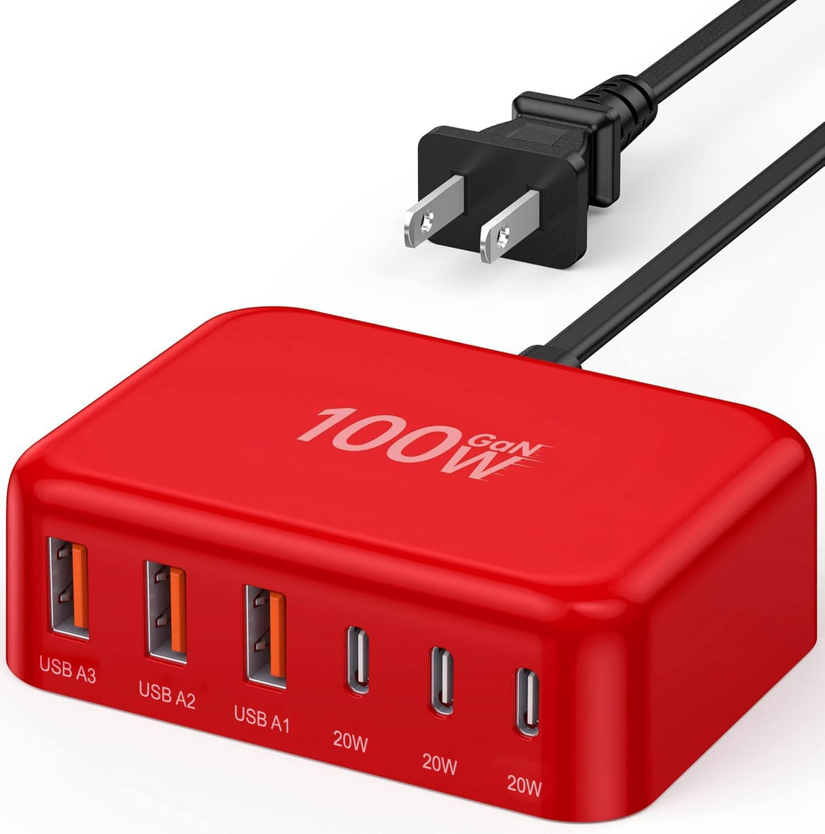 USB Fast Charger Block 50% Smaller 100W Max 6-Port GaN USB Charging Station