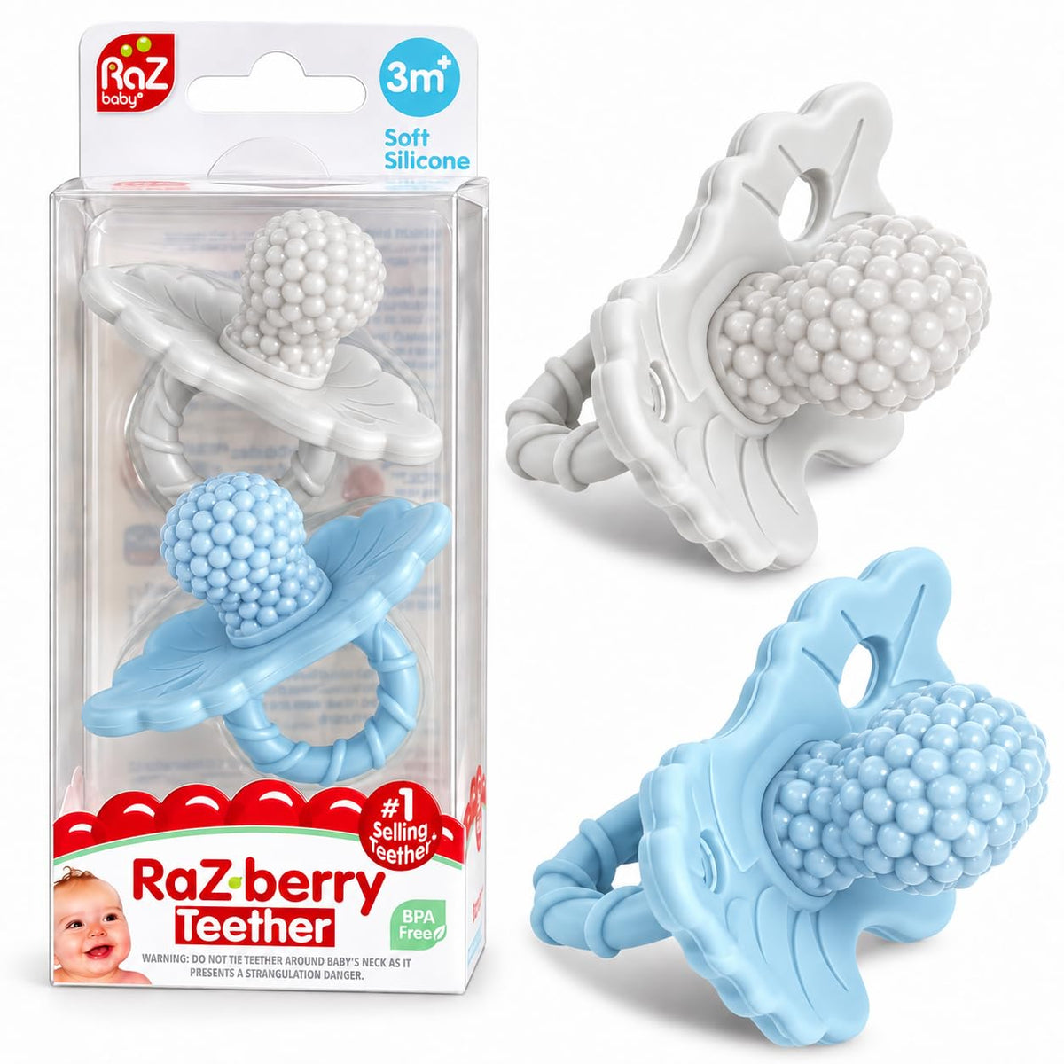 RaZbaby RaZberry Silicone Teether Pacifier – Teething Relief for Infants, Food-Grade, Hands & BPA Free, Natural Berrybumps Fruit Texture for Sensory Development, Freezable, 2-Pack - Lavender & Pink
