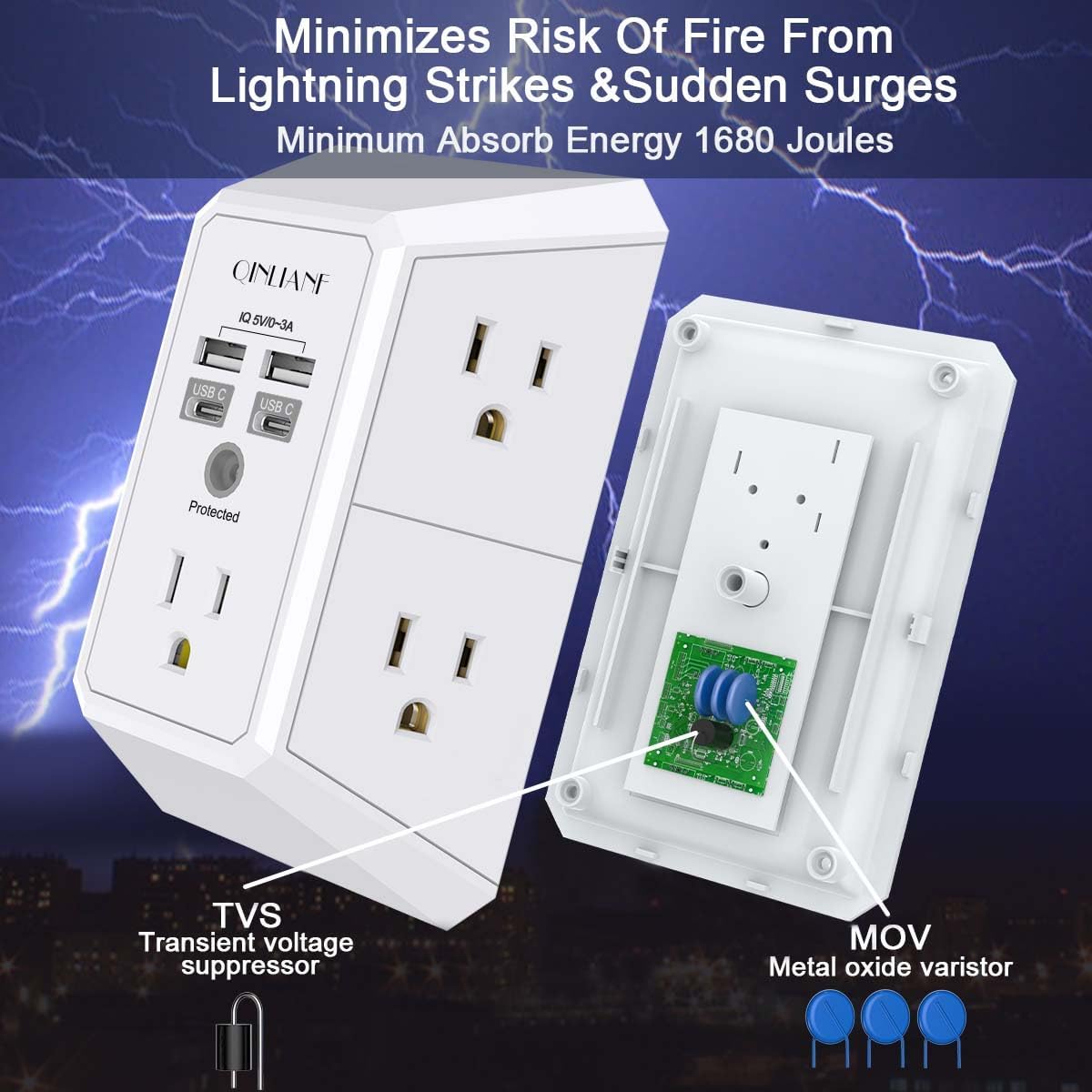 Surge Protector, QINLIANF 5 Outlet Extender with 4 USB Ports(2USB-C)