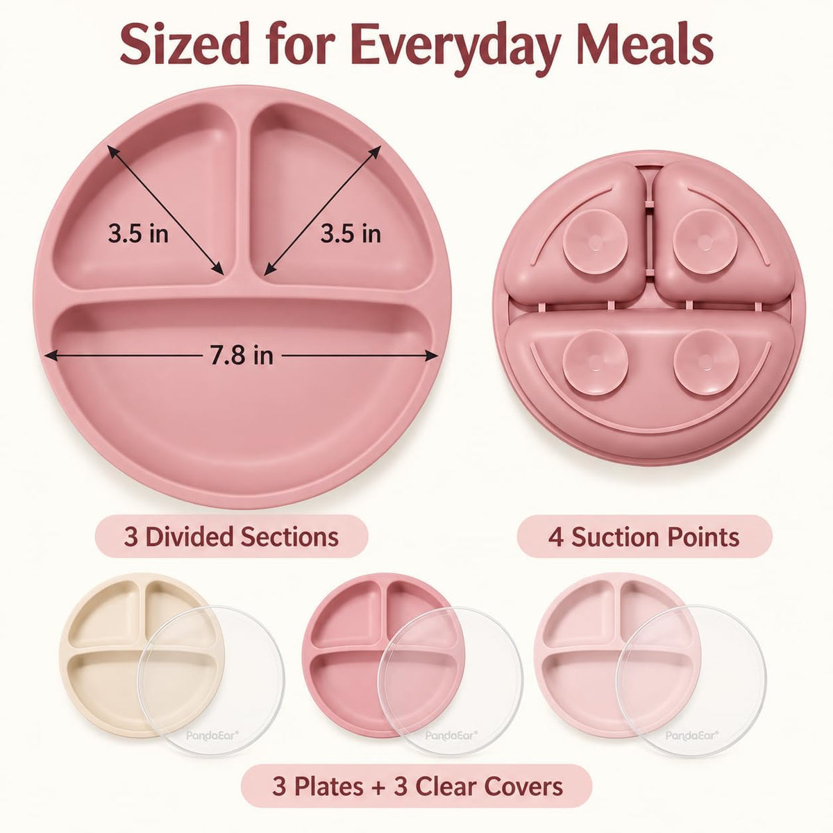 PandaEar 3 Pack Toddler Plates, Silicone Divided Suction Plate for Babies, BPA-Free 100% Food-Grade Silicone Unbreakable Baby Plate (Pink/Purple/Blue, Without Lids)
