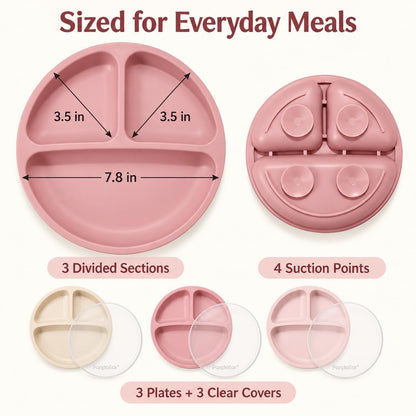 PandaEar 3 Pack Toddler Plates, Silicone Divided Suction Plate for Babies, BPA-Free 100% Food-Grade Silicone Unbreakable Baby Plate (Pink/Purple/Blue, Without Lids)