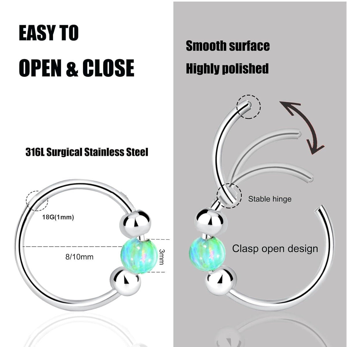 2PCS 18G Opal Cartilage Hoop Earrings, Hypoallergenic Silver Huggie Hoops