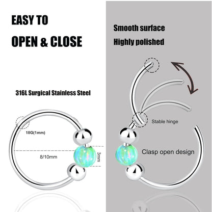 2PCS 18G Opal Cartilage Hoop Earrings, Hypoallergenic Silver Huggie Hoops