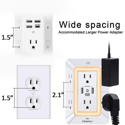 Multi Plug Wall Outlet Night Light, POWRUI 6 Outlet Extender & 3 USB Ports