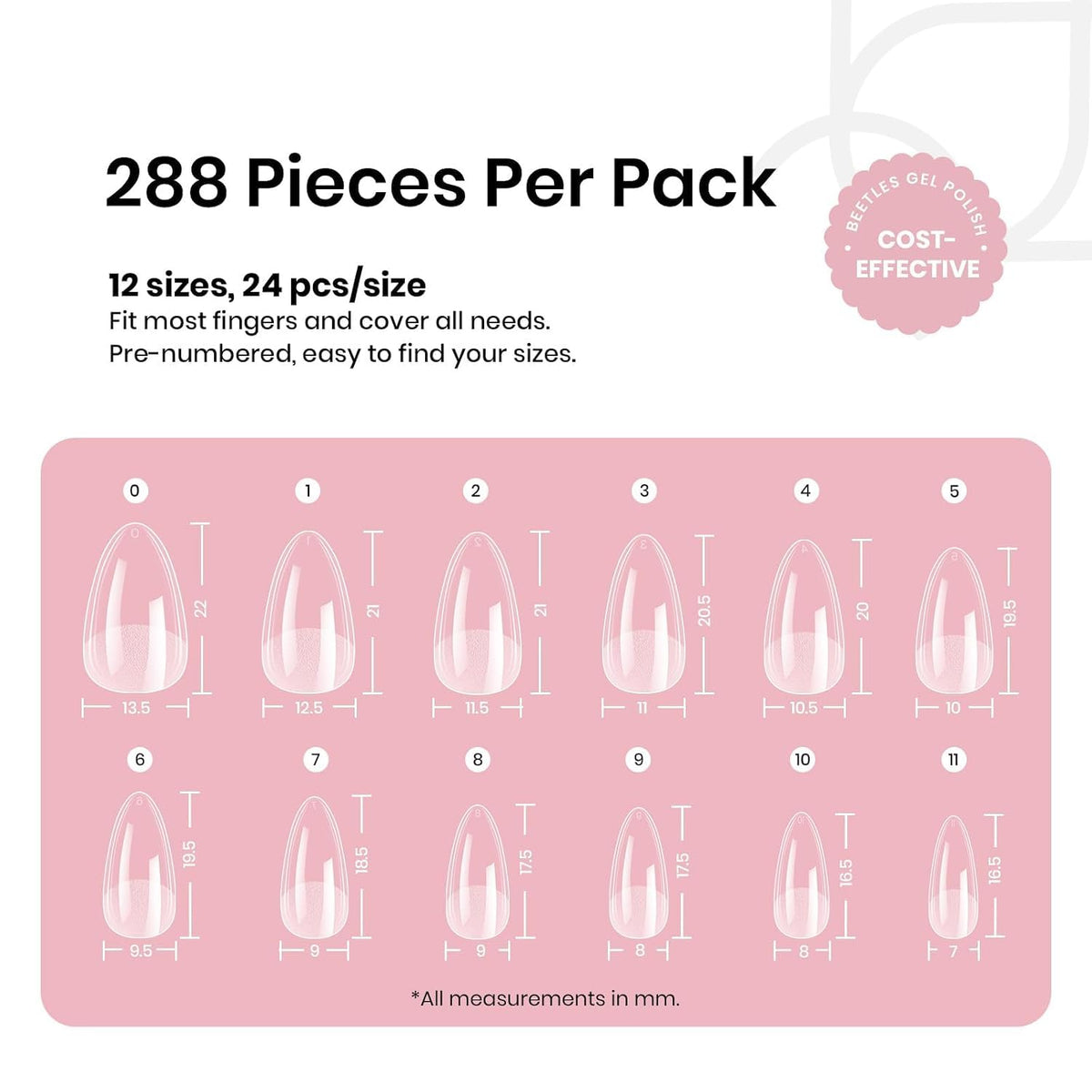 Beetles Soft Gel Nail Kit Almond Short 288pcs 12 Sizes Nail Tips with Glue