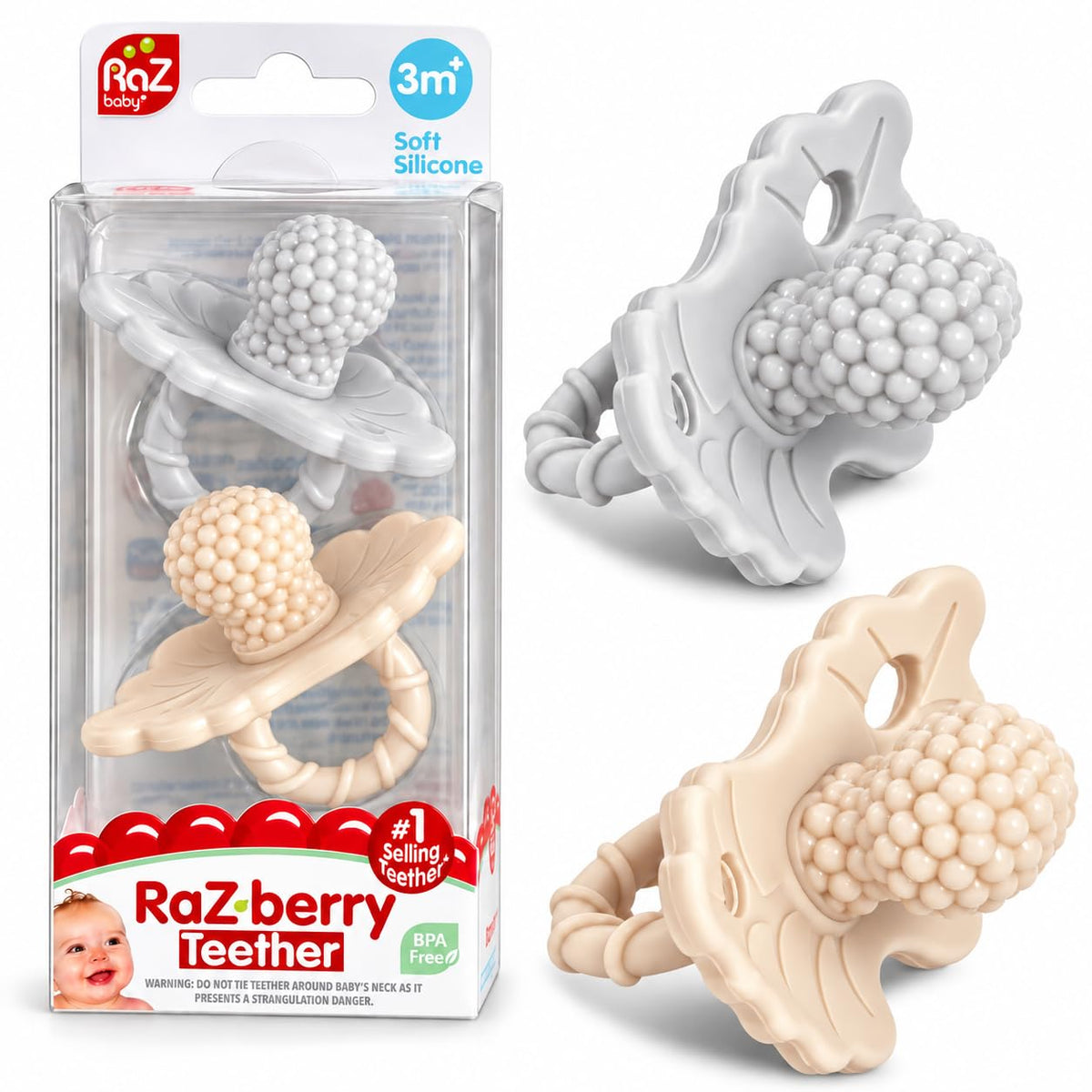 RaZbaby RaZberry Silicone Teether Pacifier – Teething Relief for Infants, Food-Grade, Hands & BPA Free, Natural Berrybumps Fruit Texture for Sensory Development, Freezable, 2-Pack - Lavender & Pink