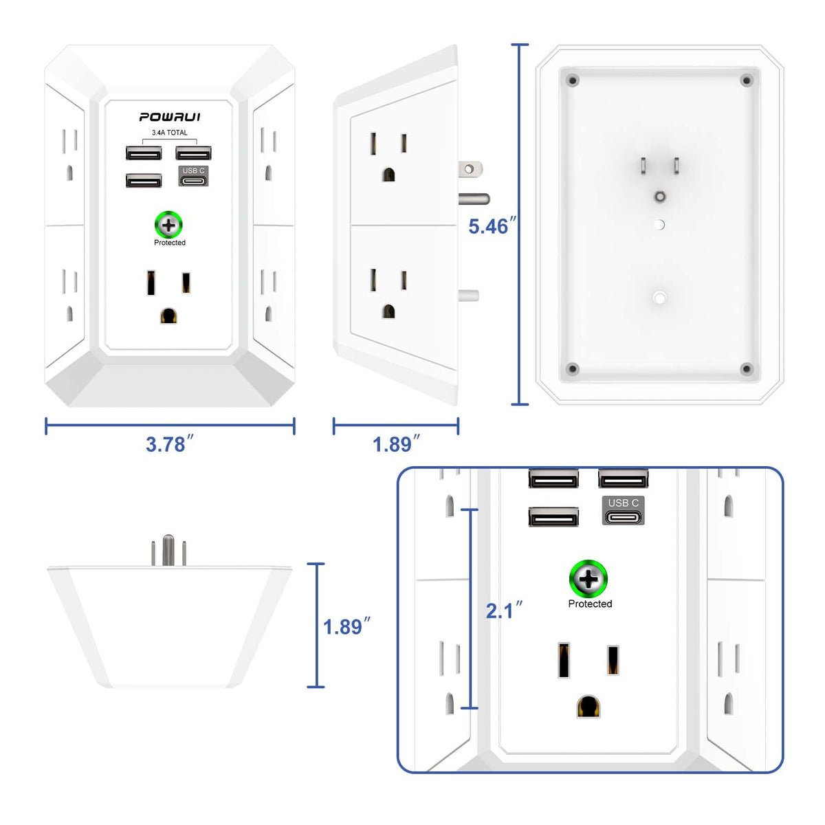 Multi Plug Wall Outlet Night Light, POWRUI 6 Outlet Extender & 3 USB Ports