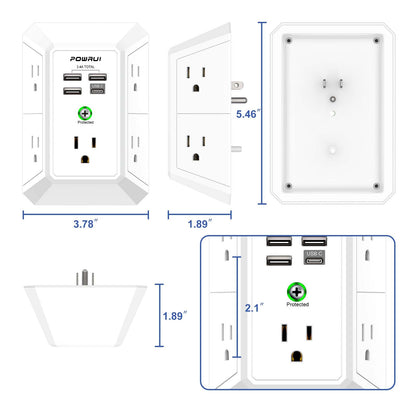 Multi Plug Wall Outlet Night Light, POWRUI 6 Outlet Extender & 3 USB Ports