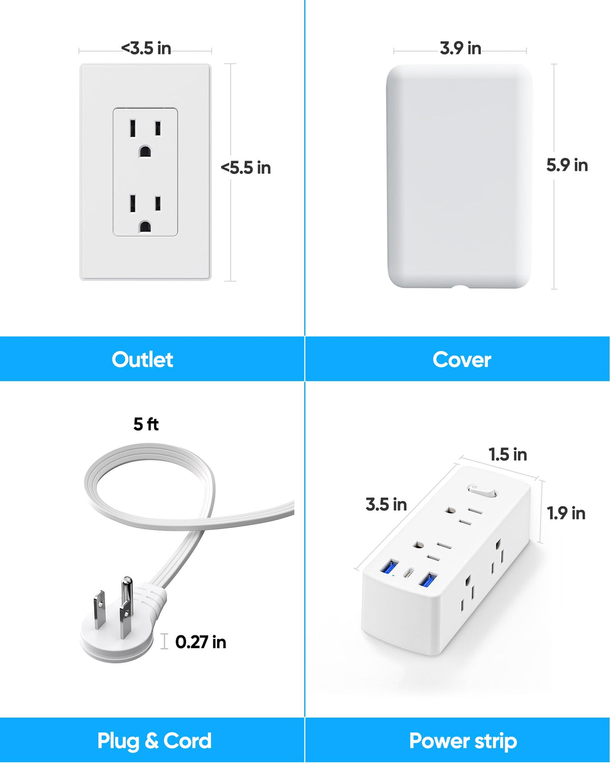 Split Extension Cord with Outlet Cover (10FT, Dual 5FT), Flat Plug Power Strip with 6 Outlets and 3 USB Ports, Outlet Extender for Tight Spaces