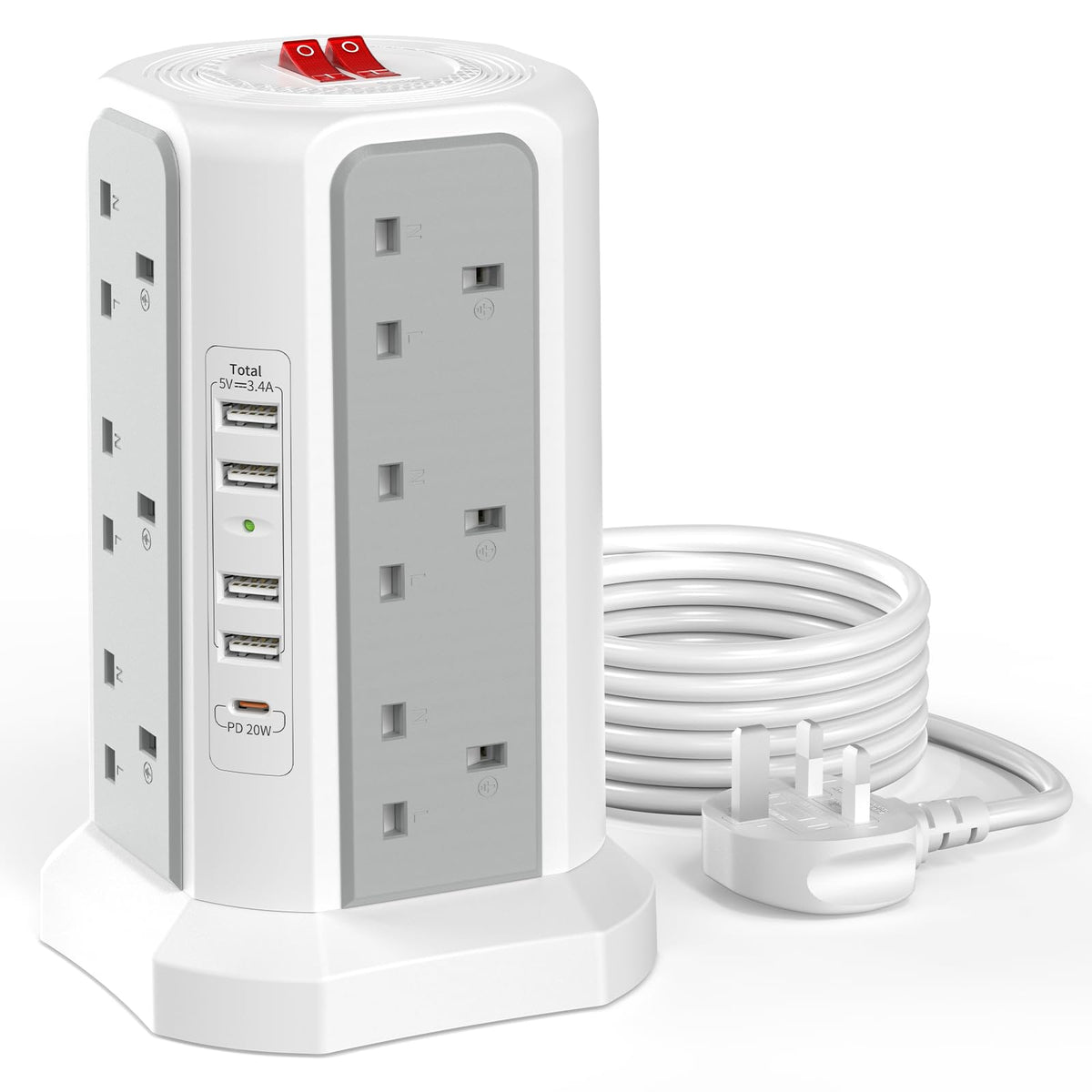 HAFINO Tower Extension Lead with USB Slots, PD18W USB C Fast Charger, 1.8M