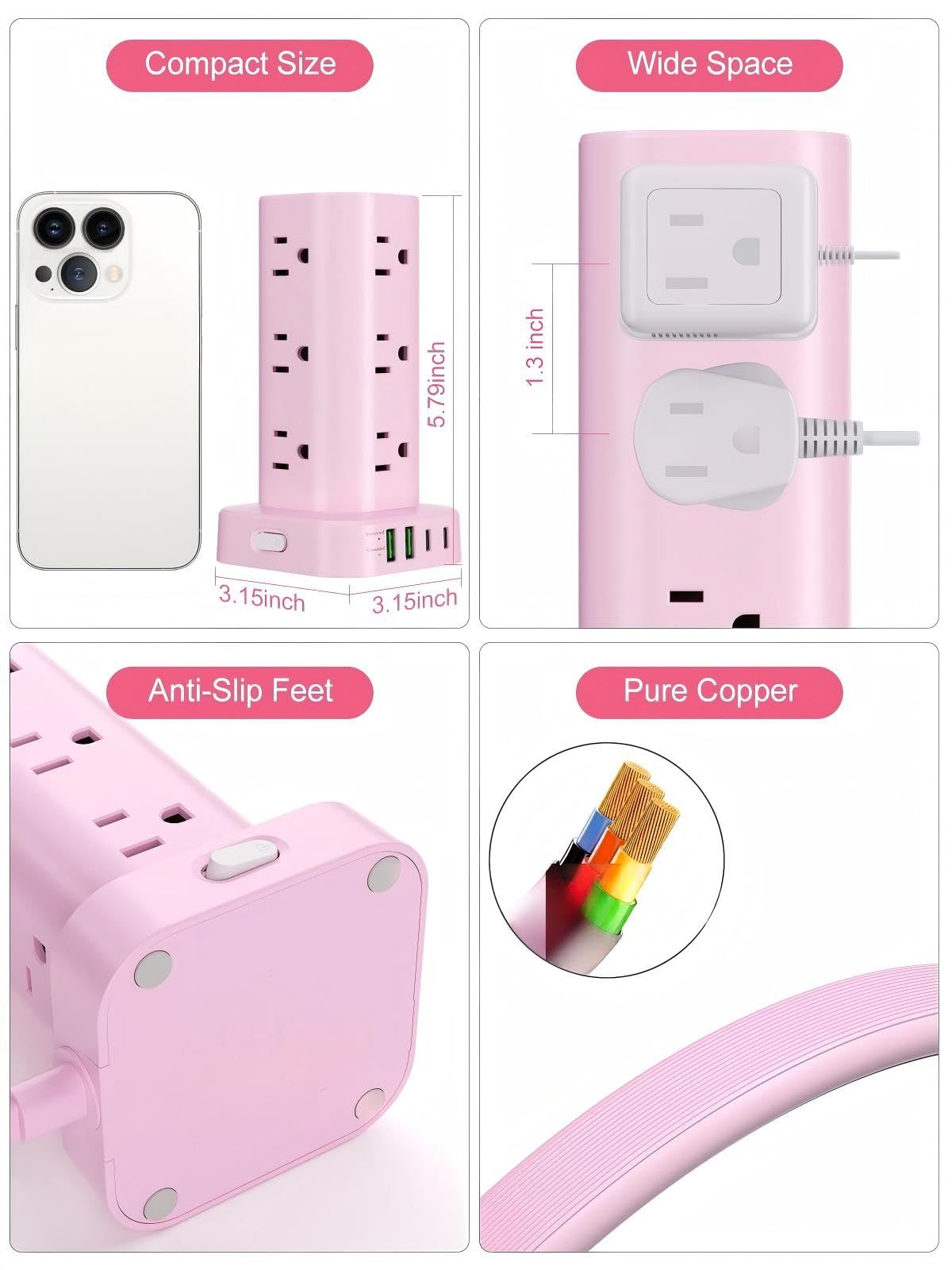 6FT Power Strip Tower Surge Protector, 12 Wide Spaced Outlets, 4 USB
