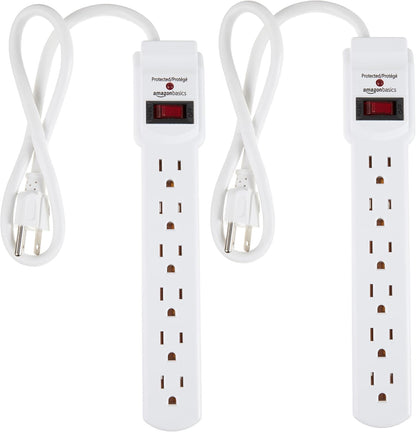 Amazon Basics Surge Protector Power Strip, 6-Outlet with 200J Protection, Circuit Breaker, LED Indicator, On/Off Switch, Wall-Mounting, 2ft Extension Cord, White, 2-Pack