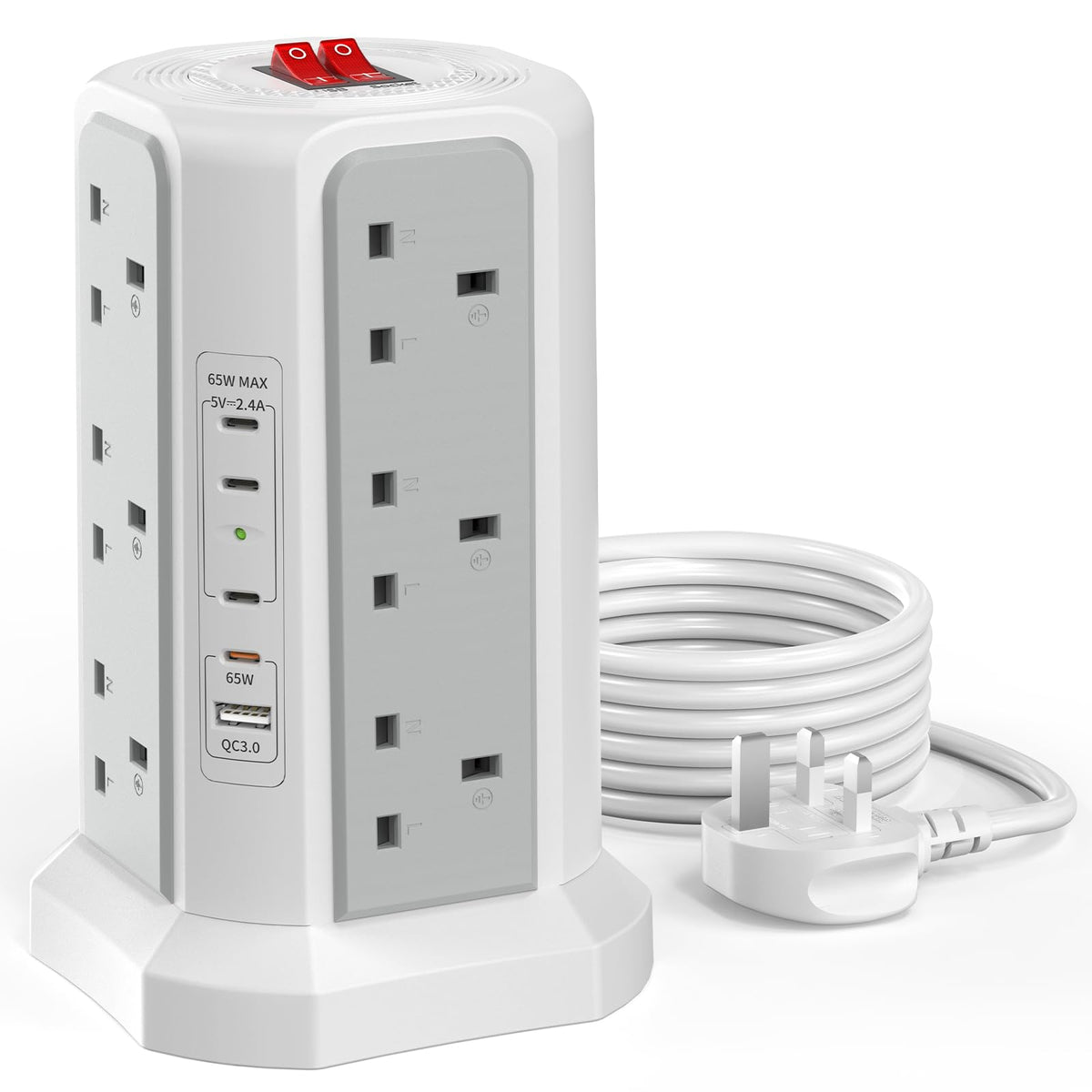 HAFINO Tower Extension Lead with USB Slots, PD18W USB C Fast Charger, 1.8M