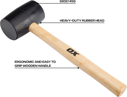 OX Trade Black Rubber Mallet 16oz / 450g, Non-Marking Hammer, Wooden Handle
