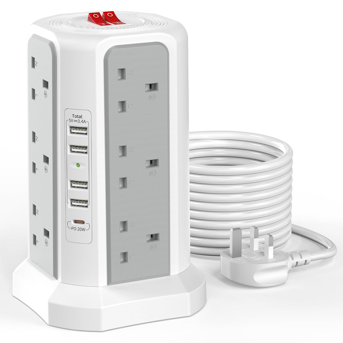 HAFINO Tower Extension Lead with USB Slots, PD18W USB C Fast Charger, 1.8M