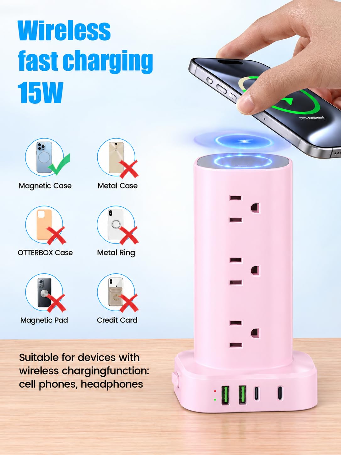 6FT Power Strip Tower Surge Protector, 12 Wide Spaced Outlets, 4 USB
