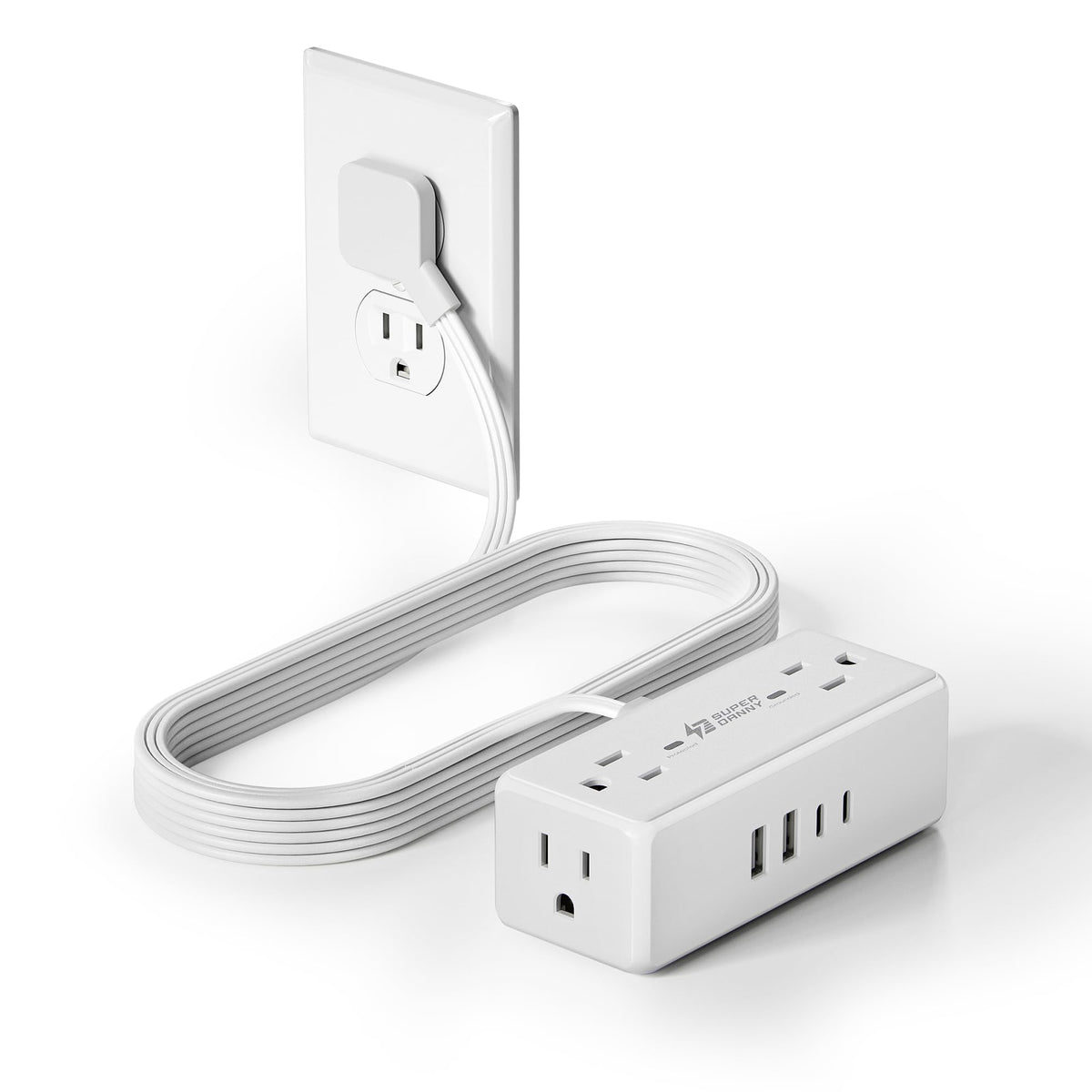 10Ft Long Extension Cord, SUPERDANNY Flat Plug Surge Protector Power Strip