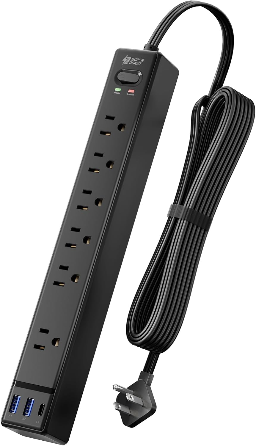 SUPERDANNY 6Ft Thin Extension Cord, Flat Plug Surge Protector Power Strip