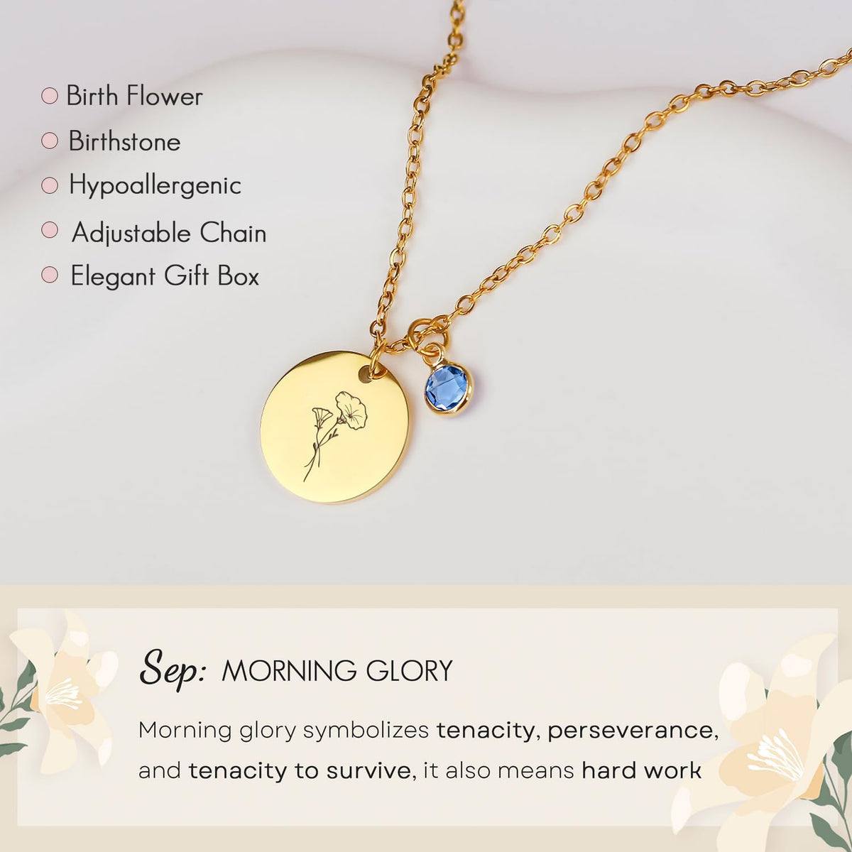 Birth Flower Necklaces for Women, 18K Gold Plated Birthstone Necklaces