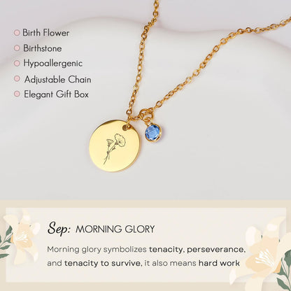 Birth Flower Necklaces for Women, 18K Gold Plated Birthstone Necklaces