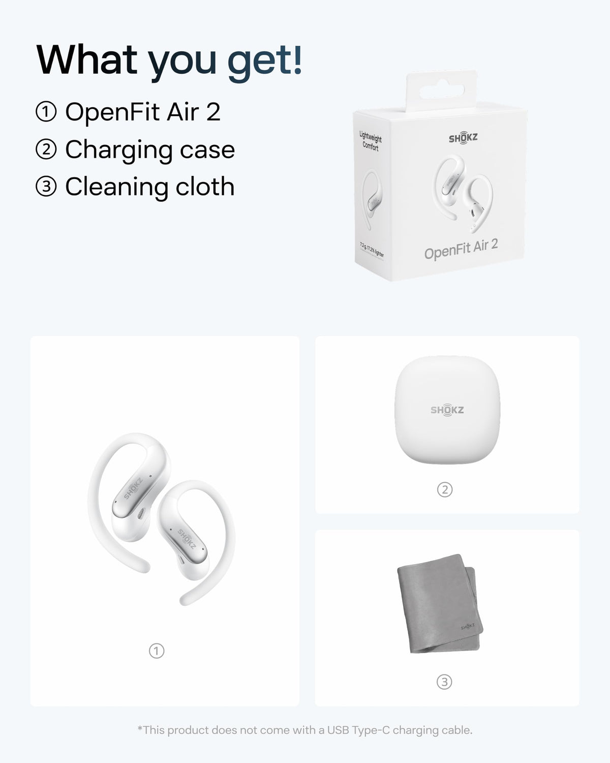 SHOKZ OpenFit Air 2, Open Earbuds, Black, Water Resistant, Secure Earhooks
