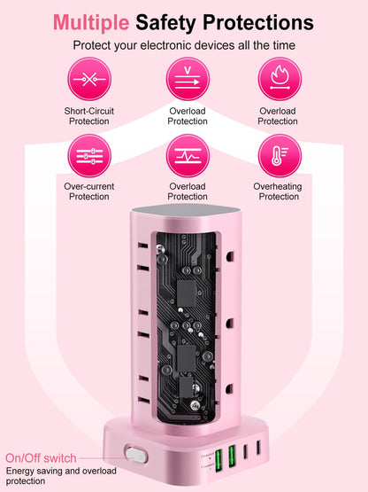6FT Power Strip Tower Surge Protector, 12 Wide Spaced Outlets, 4 USB