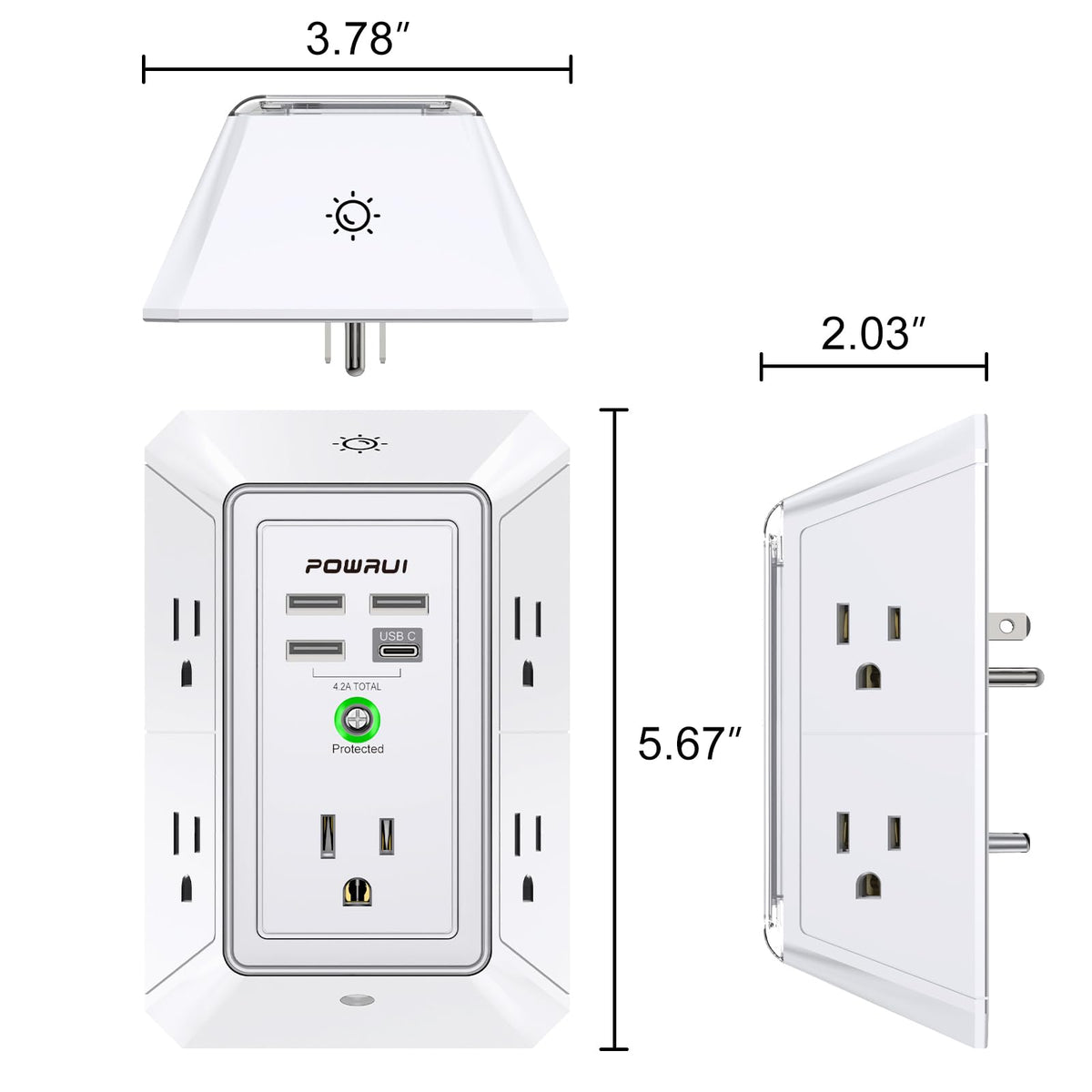 Multi Plug Wall Outlet Night Light, POWRUI 6 Outlet Extender & 3 USB Ports