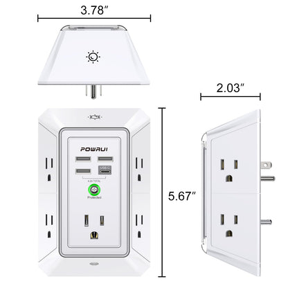 Multi Plug Wall Outlet Night Light, POWRUI 6 Outlet Extender & 3 USB Ports
