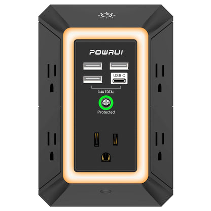 Multi Plug Wall Outlet Night Light, POWRUI 6 Outlet Extender & 3 USB Ports