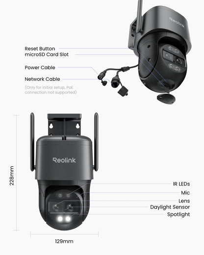 REOLINK 4K 8MP Dual-Lens PTZ Wired WiFi Outdoor Security Camera, 2.4/5GHz