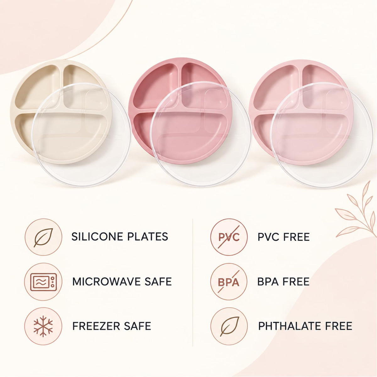 PandaEar 3 Pack Toddler Plates, Silicone Divided Suction Plate for Babies, BPA-Free 100% Food-Grade Silicone Unbreakable Baby Plate (Pink/Purple/Blue, Without Lids)