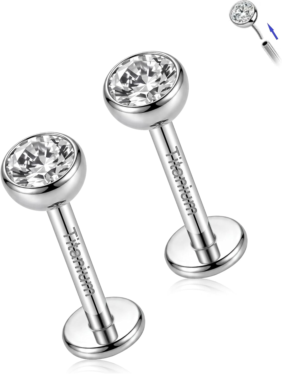 2Pcs Implant Titanium Threadless Flat Back 5A CZ Stud Earrings
