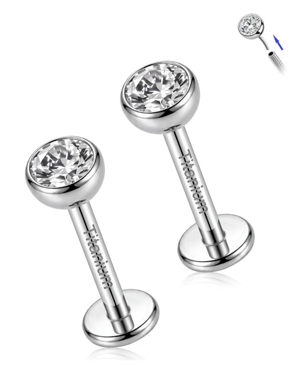 2Pcs Implant Titanium Threadless Flat Back 5A CZ Stud Earrings