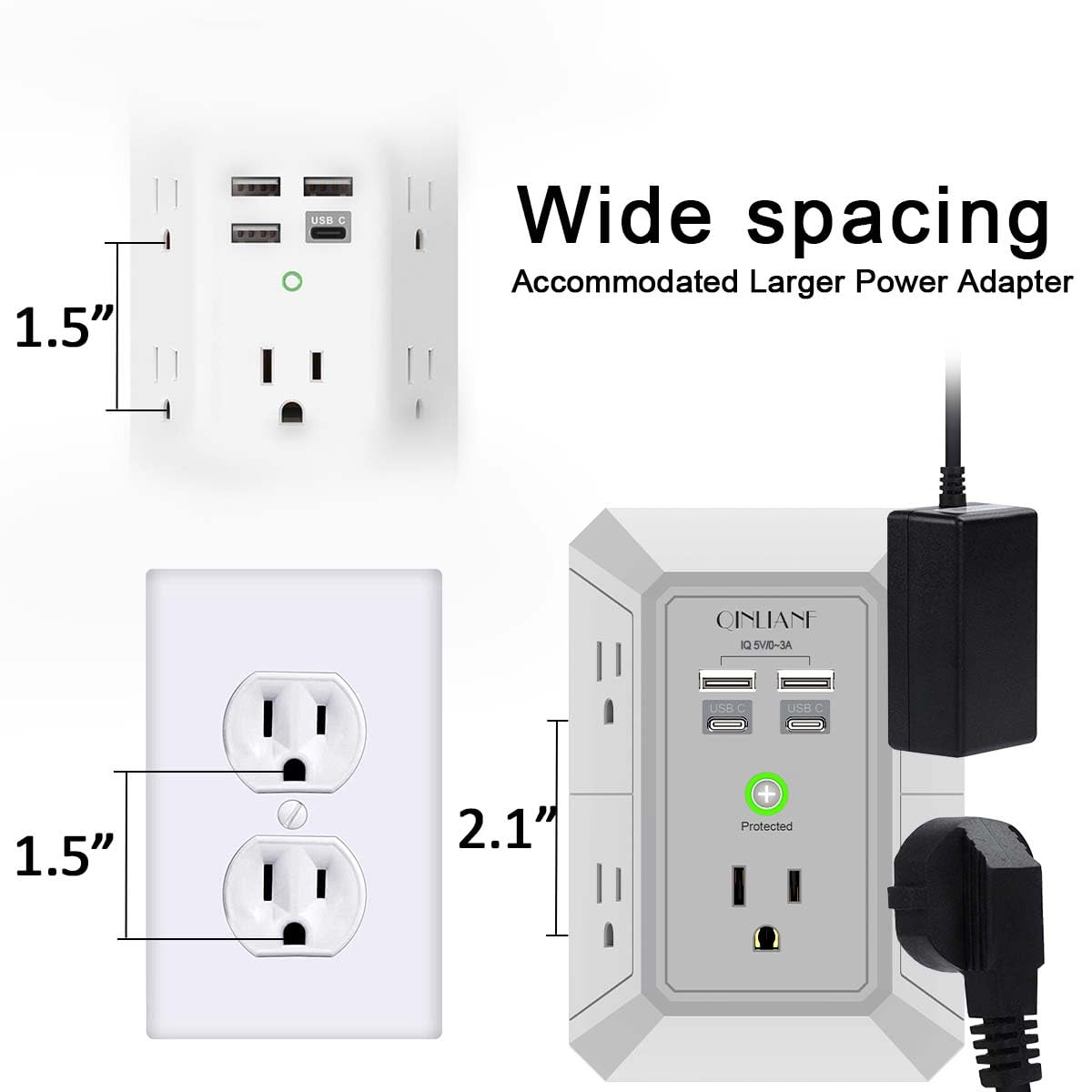 Surge Protector, QINLIANF 5 Outlet Extender with 4 USB Ports(2USB-C)
