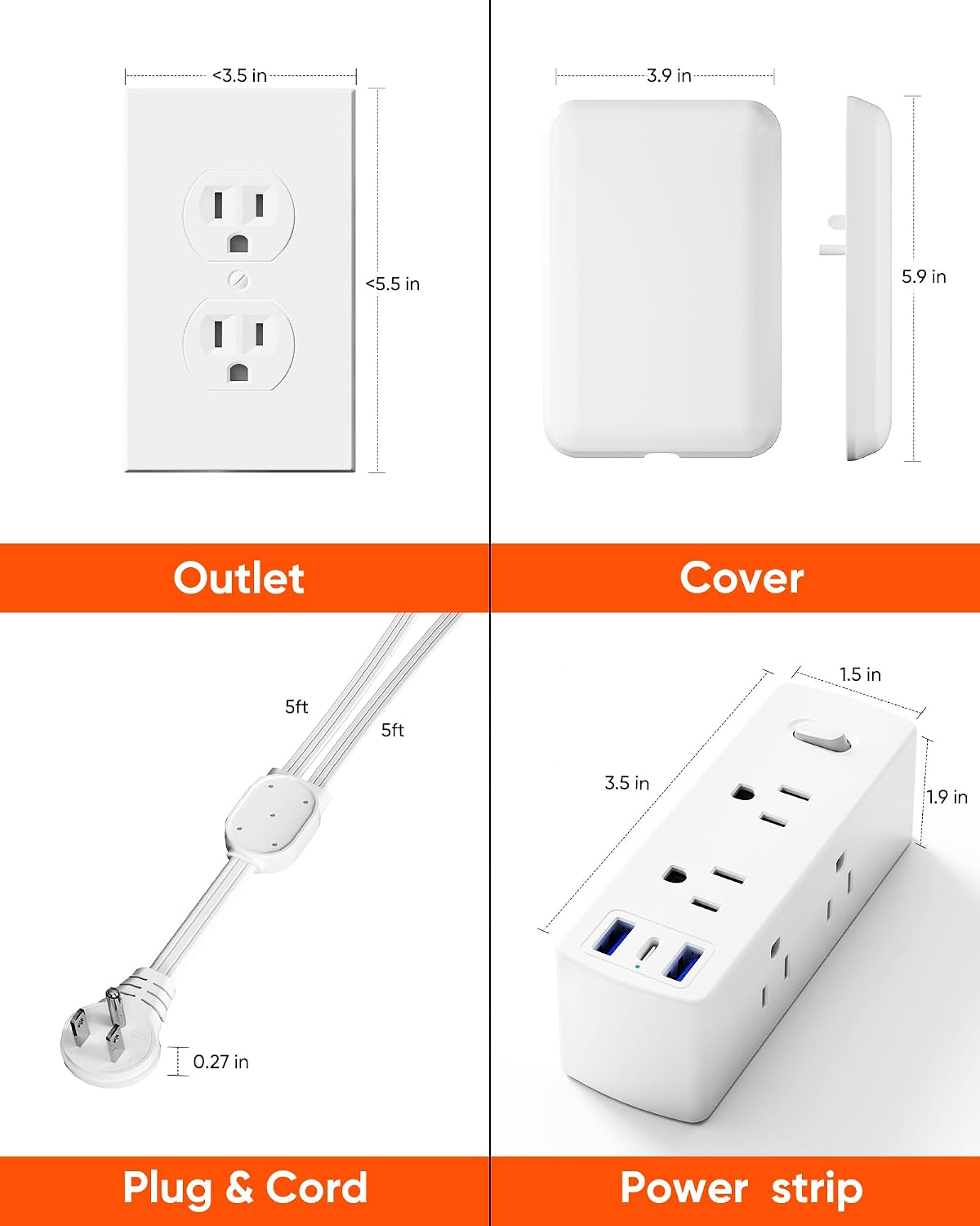 Split Extension Cord with Outlet Cover (10FT, Dual 5FT), Flat Plug Power Strip with 6 Outlets and 3 USB Ports, Outlet Extender for Tight Spaces