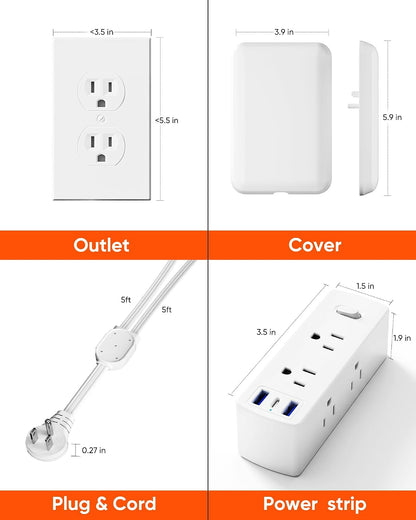 Split Extension Cord with Outlet Cover (10FT, Dual 5FT), Flat Plug Power Strip with 6 Outlets and 3 USB Ports, Outlet Extender for Tight Spaces